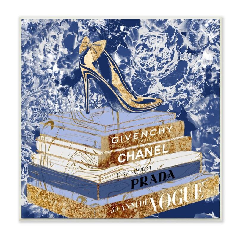 Stupell Designer Glitz Heel on Books Fashion Glam Blue Wood Wall Art,12x12 - 12 x 12