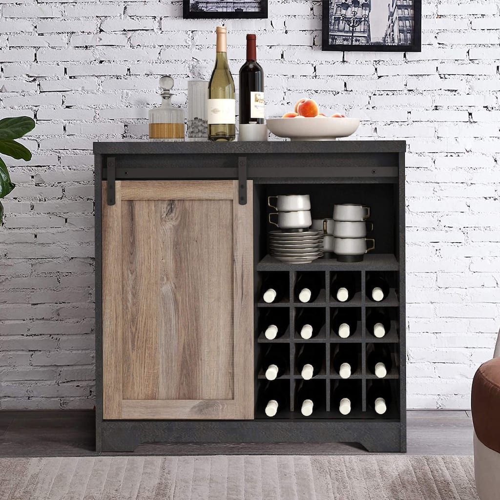 Farmhouse Sideboard and Buffet Cabinet with Wine Rack, Wine Bar Cabinet, Sliding Barn Door & Shelves - 31.5"W x 15.75"D x 31.5"H