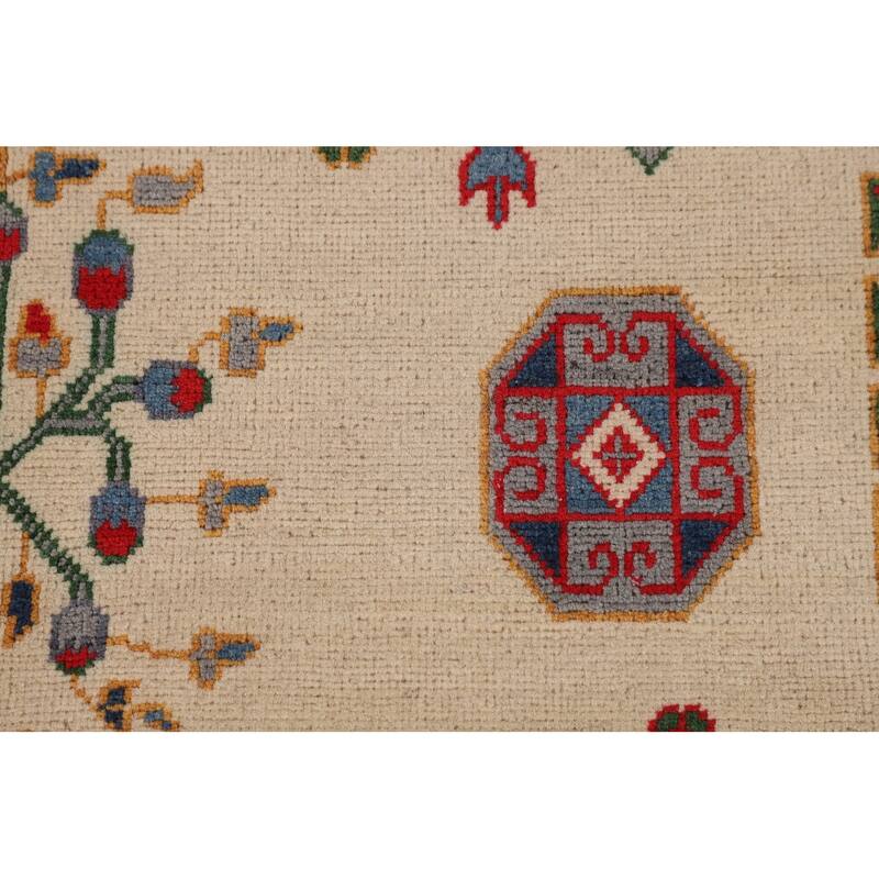 Geometric Beige / Ivory Kazak Area Rug Handmade Wool Carpet - 6'7" x 9'7"