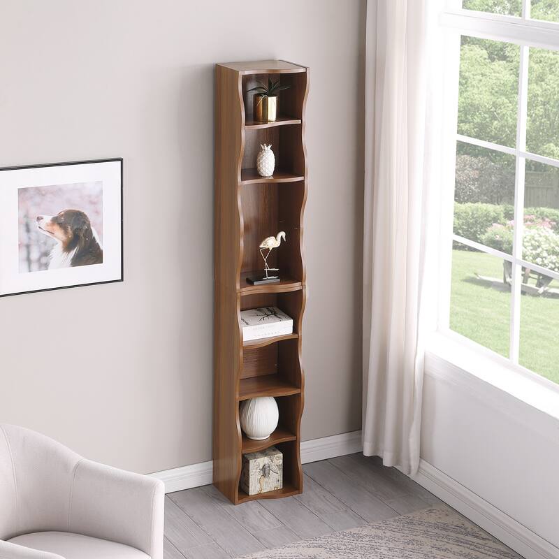 Anmytek White Wave Design Ladder Shelf - 8 Tier Tall Narrow Bookcase for Small Spaces with Anti Tip Kit - Walnut