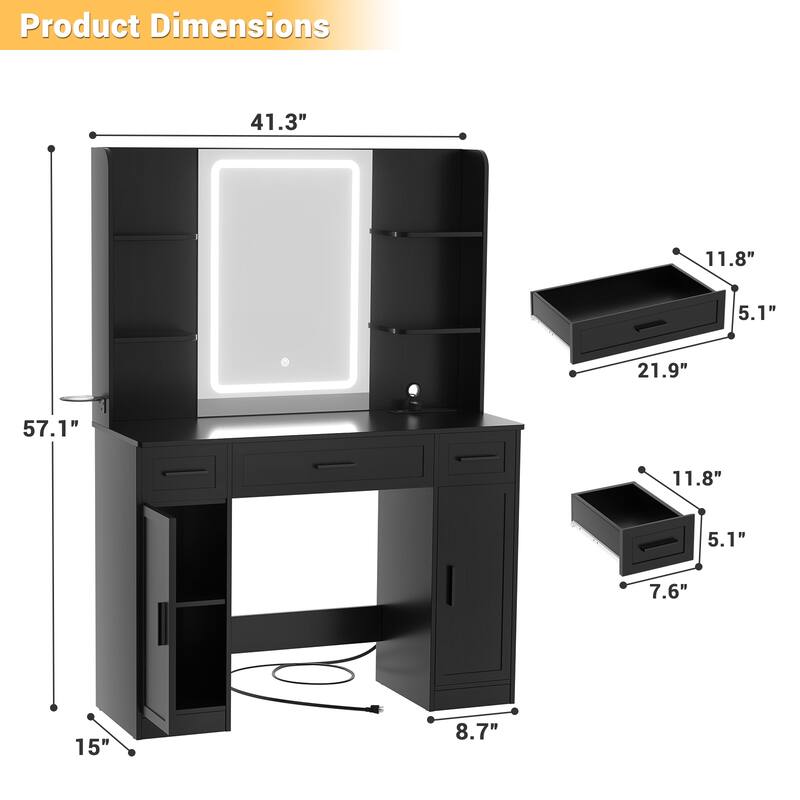 Modern Farmhouse Vanity Table with LED Mirror, Makeup Vanity Desk with Drawer, Cabinet, and Shelves