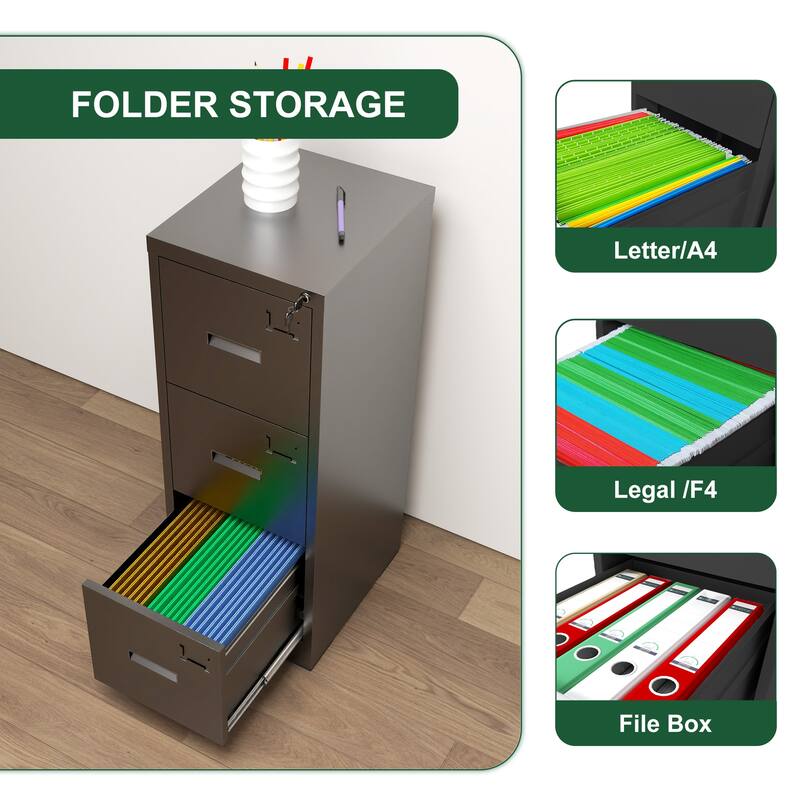 3 Drawer Metal Vertical File Cabinet with Lock and Card Slot File Cabinet for A4 Legal/Letter Size Narrow File Cabinet Locked