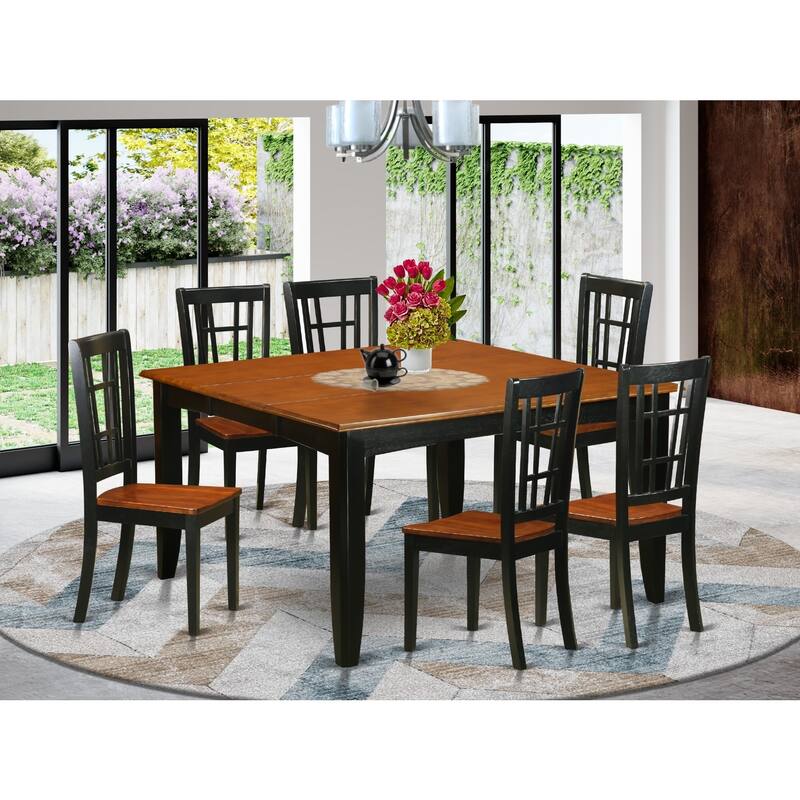 HomeStock 7-Piece Square Black & Cherry Finish Solid Wood Top Dining Table with 6-Chairs with Lattice Back