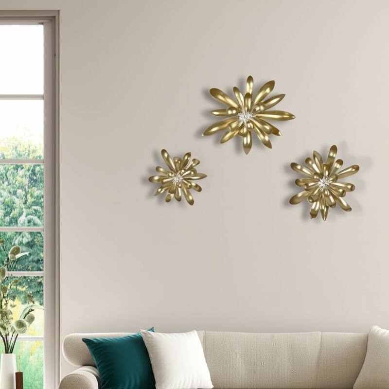 Polyresin Wall Sculpture Floral Design (Set of 3) - 16/14/10" Gold - 17.5" x 4" x 16"