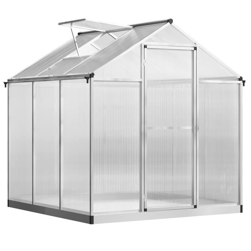 GDFStudio - Outdoor 6'x6' Aluminum Frame Walk-In Polycarbonate Greenhouse with Roof Vent & Rain Gutters - Silver
