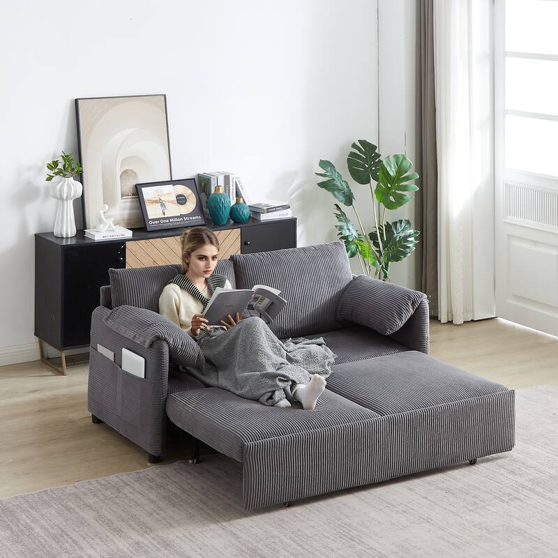 65" Corduroy 2-Seater Sleeper Sofa, 3-in-1 with Storage and Side Pocket