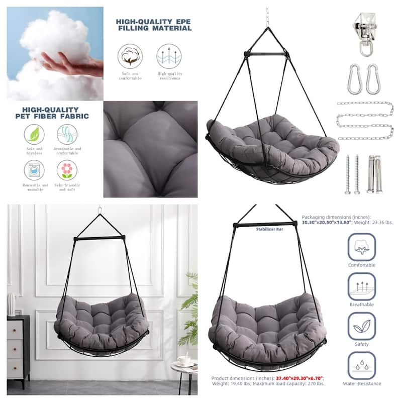 Hammock Chair Swing with Cushion and Steel Bar - Indoor or Outdoor Use