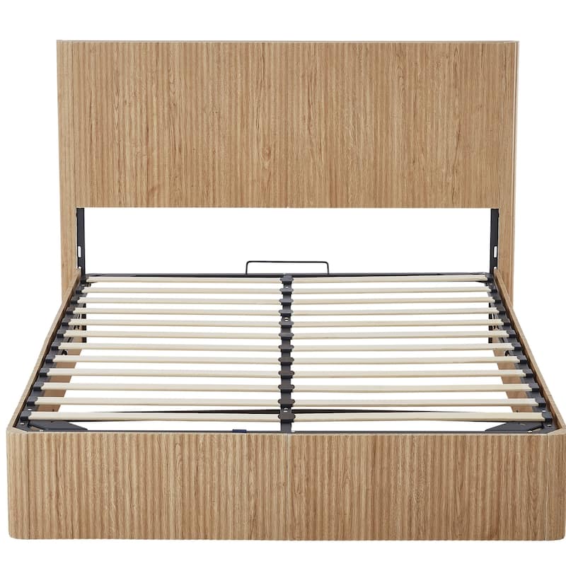 Queen Size Lift Up Storage Bed Frame with Wooden Corrugated Curved Lines and Hydraulic Storage