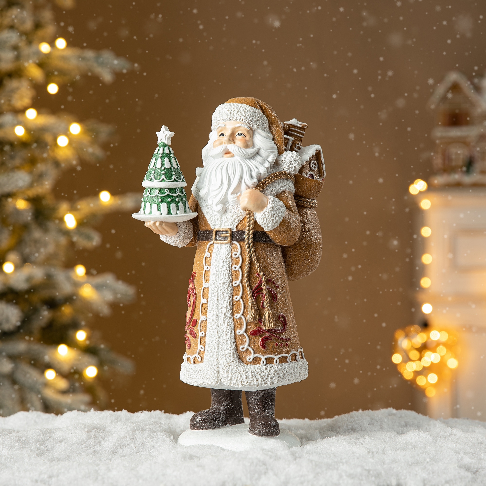 Glitzhome 11"H Christmas Resin Gingerbread Santa Table Decor Chef Figurine with Gingerbread House