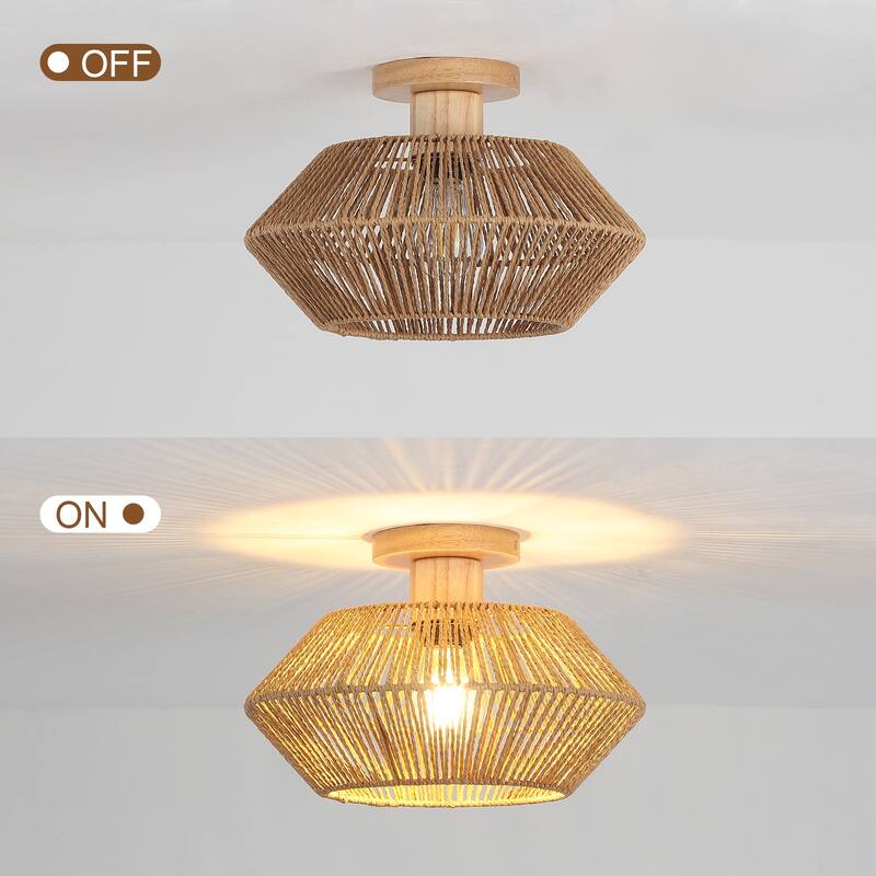 Boho 1-Light Semi-Flush Mount Chandelier with Drum Shade for Living Room Kitchen Island Dining Foyer - W12.6"x H5.71"
