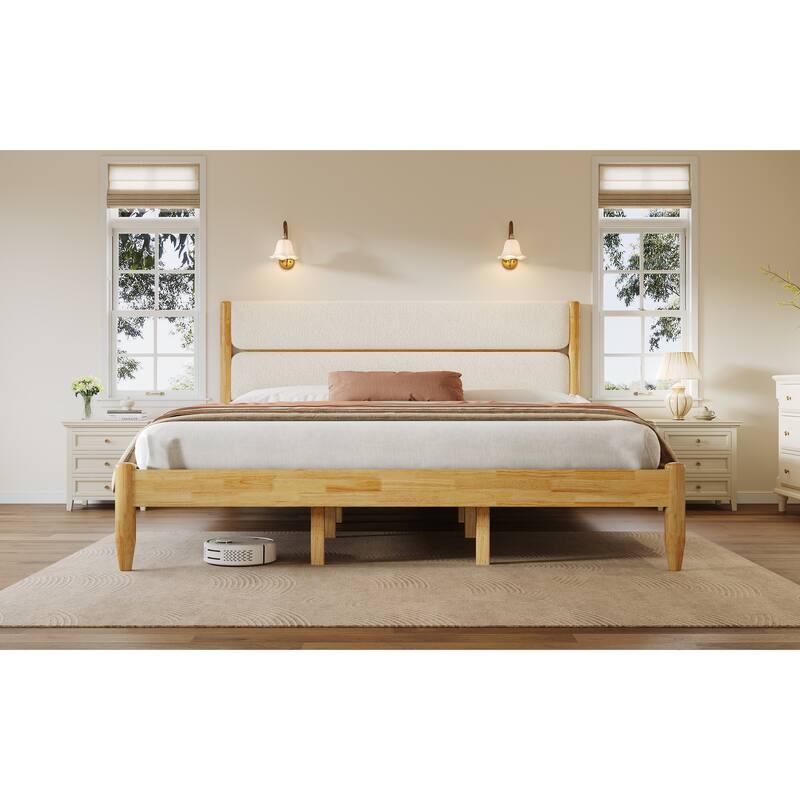 Solid Wood Platform Bed Frame with Ivory Fleece Upholstered Headboard, Wood Slats Support and Center Wood Legs