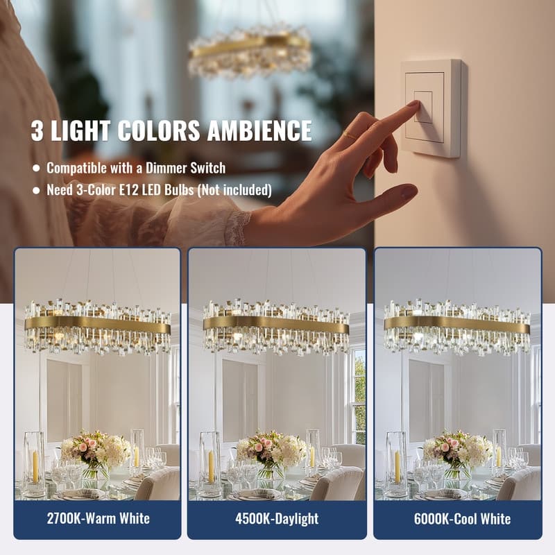 36 in. Modern Crystal Chandeliers 16-Light Brass Gold Rectangular Chandelier Glam Oval Pendant Light for Dining Living Room