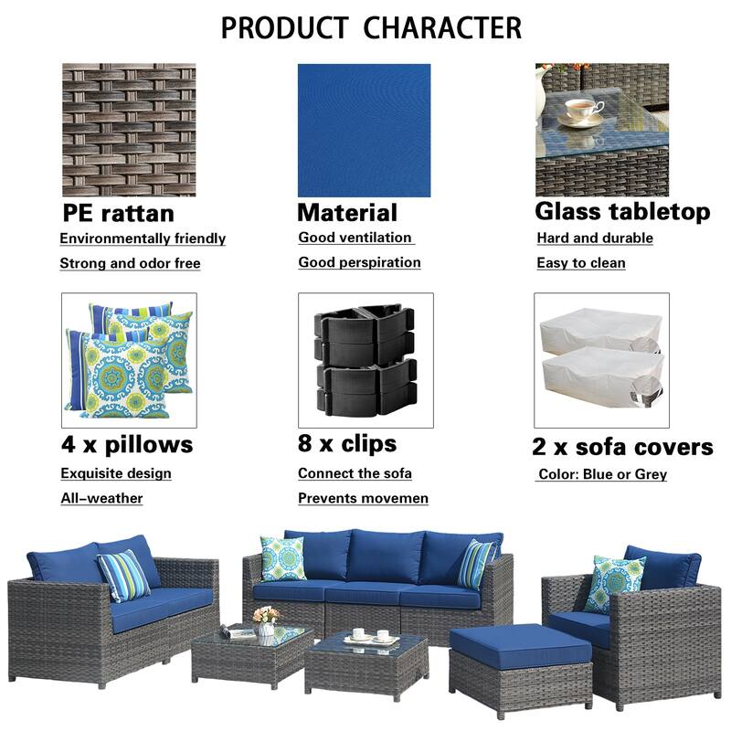 OVIOS Patio Furniture Deep Seat Wicker 9-piece Set
