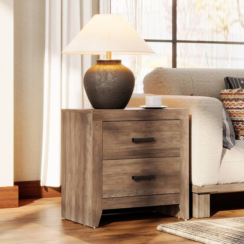 WAMPAT Farmhouse End Table with 2 Storage Drawers - Rustic Brown Accent Table for Bedroom & Living Room - Brown - 1 PC