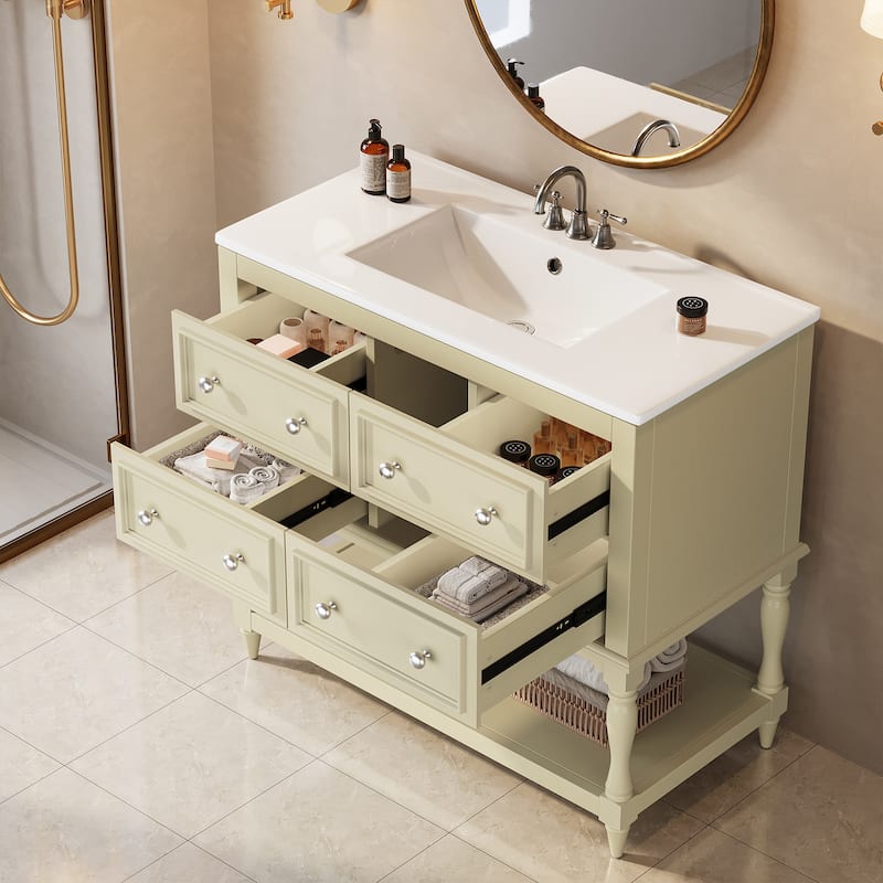 36" Modern Bathroom Vanity with Ceramic Basin, 4 Drawers