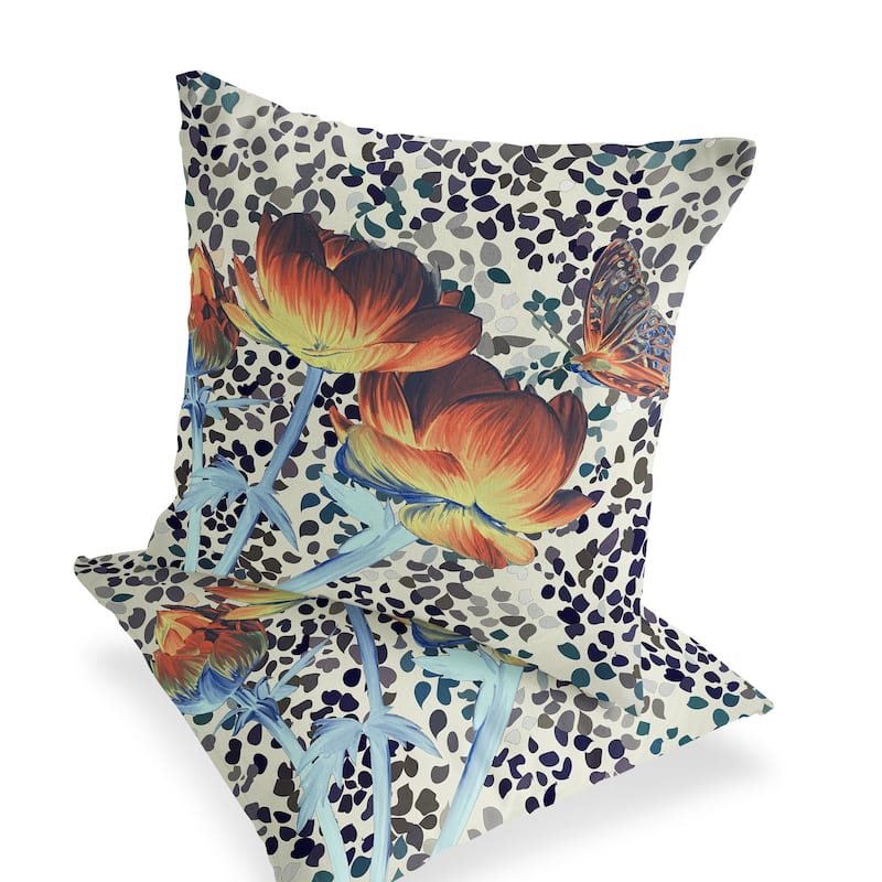 HomeRoots Set of Two 16" X 16" Blue and Orange Butterfly Blown Seam Floral Indoor Outdoor Throw Pillow