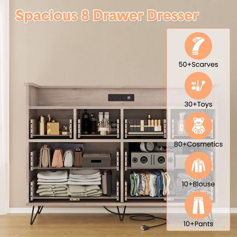 8 Drawer Wood Dresser, with Power Outlet and LED Lights