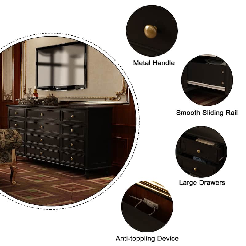 63" Wide 9/12 Drawer Dresser for Bedroom, Modern Farmhouse Double Dresser with Gold Knobs, Large Storage Chest