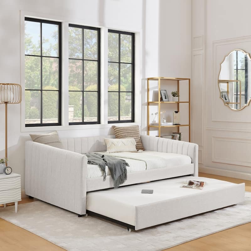Vertical Stripes Daybed with Trundle Upholstered Sofa Bed - Beige - Full