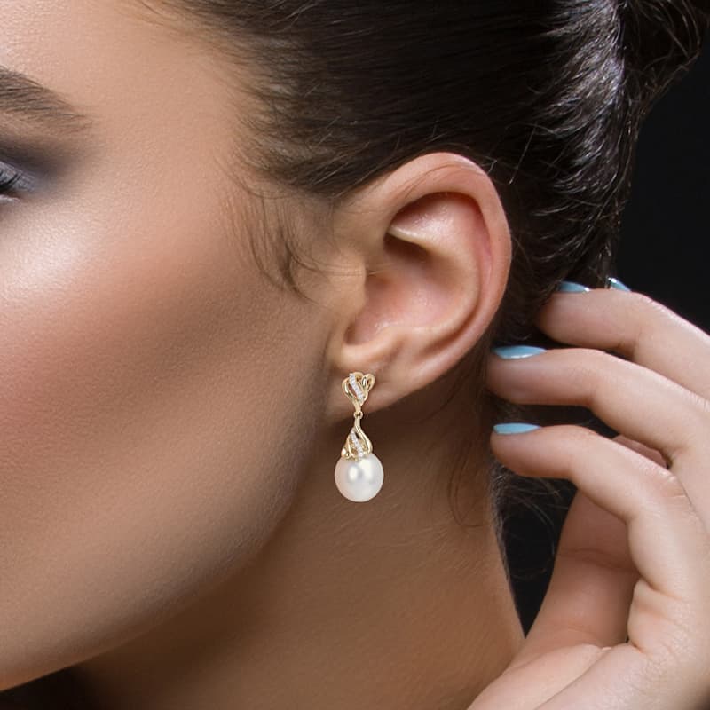 Miadora White South Sea Cultured Pearl and 1/8ct TDW Diamond Dangle Earrings in 14k Yellow Gold