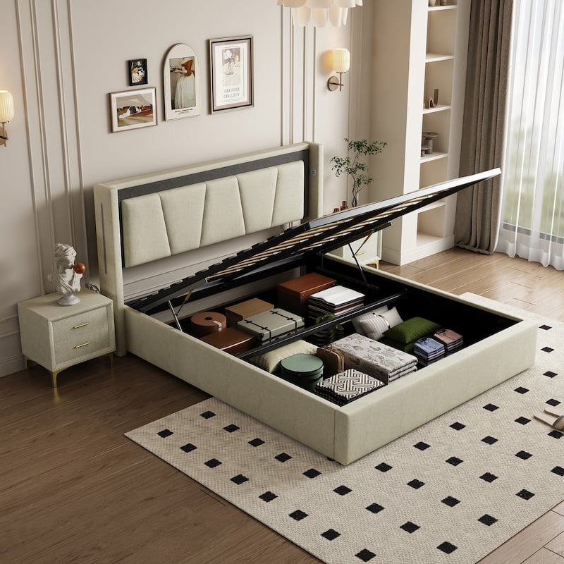 Modern Style Queen Size Cotton and Linen Fabric Storage Bed for Bedroom