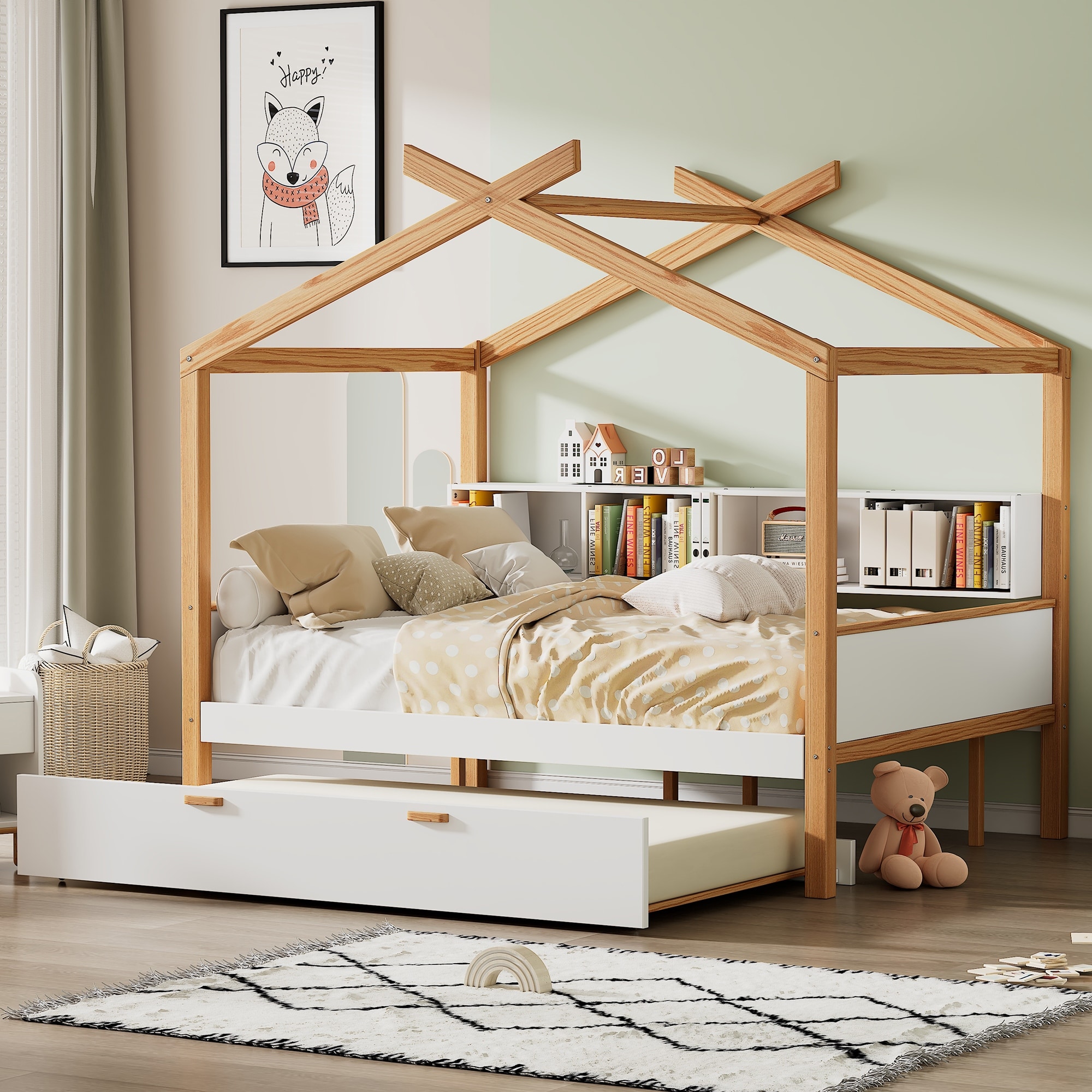 Kids Wooden House Bed with Bookshelf & Trundle
