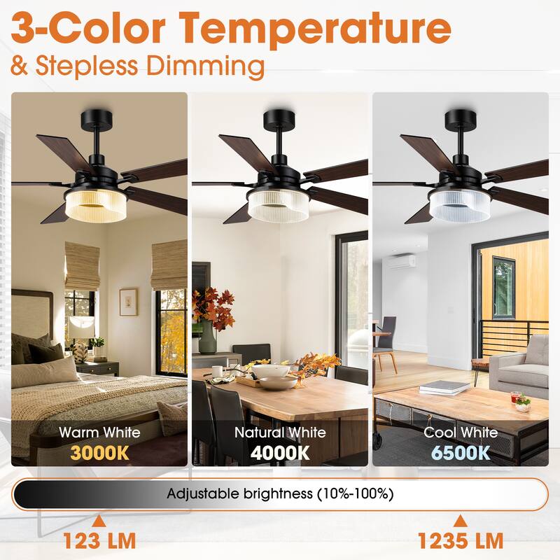 52" Modern Black Reversible 5 Blades Dimmable LED Ceiling Fan with Light and Remote