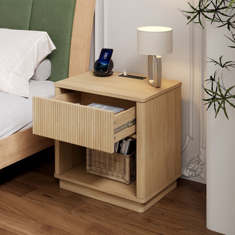 Nightstand with Outlet & USB Port, Modern Bedside Table with Charging Station and Storage Drawer, Modern Design