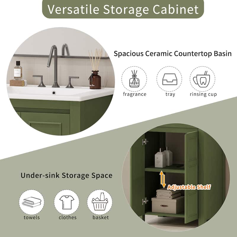 24" Vintage Bathroom Vanity with Ceramic Sink - Small Space Cabinet with 2 Soft-Close Doors & Adjustable Shelf