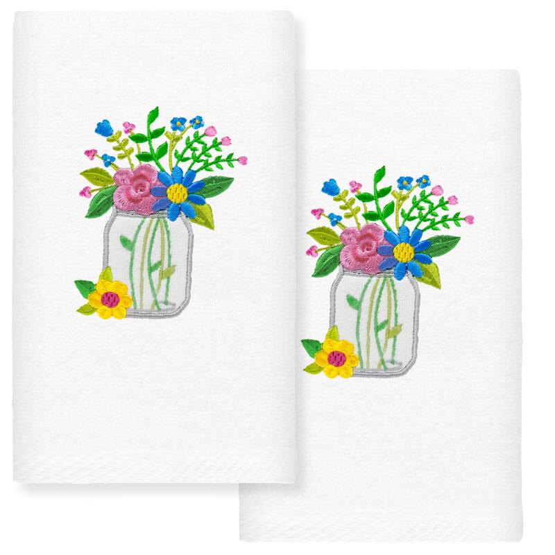 Authentic Hotel and Spa Country Bouquet - Embroidered Luxury 100% Turkish Cotton Hand Towel (Set of 2) - White