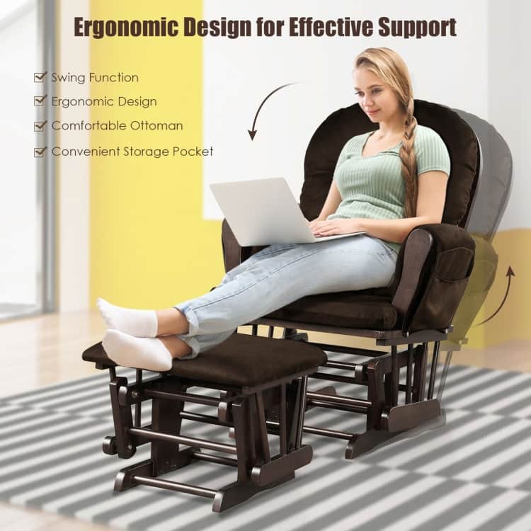 Solid Wood Gliding Chair Set with Storage Pockets and Ottoman for Relaxing - 29.5" x 28.5" x 39.5" (L x W x H)