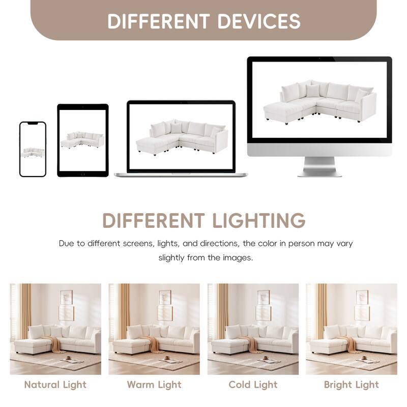 Modular L-Shaped Sectional Sofa with Movable Ottoman, 5 Seat Corner Couch with Throw Pillows, Comfy Cloud Upholstered Sofa