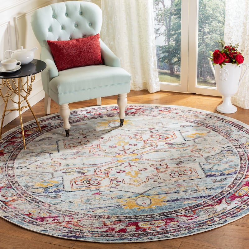 SAFAVIEH Crystal Marsilia Vintage Boho Oriental Rug - 7' Round - Light Blue/Red