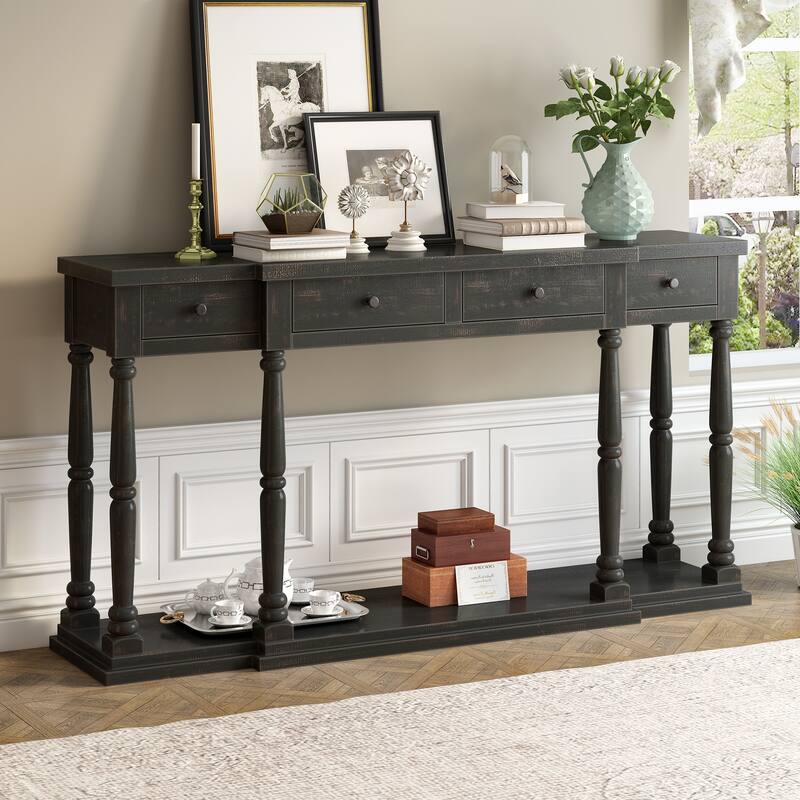 Long Wooden Console Table Hallway Tables with 4 Storage Drawers, Vintage Entryway Table with Open Storage Shelf - Antique Black