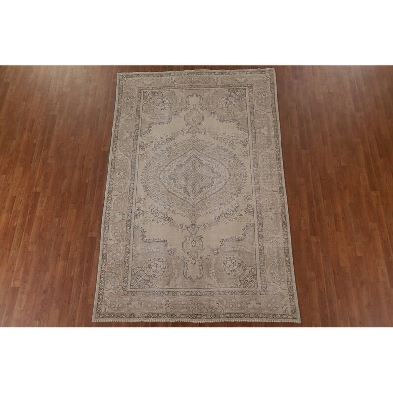 Beige Distressed Tabriz Persian Vintage Area Rug Handmade Wool Carpet - 6'3" x 9'8"