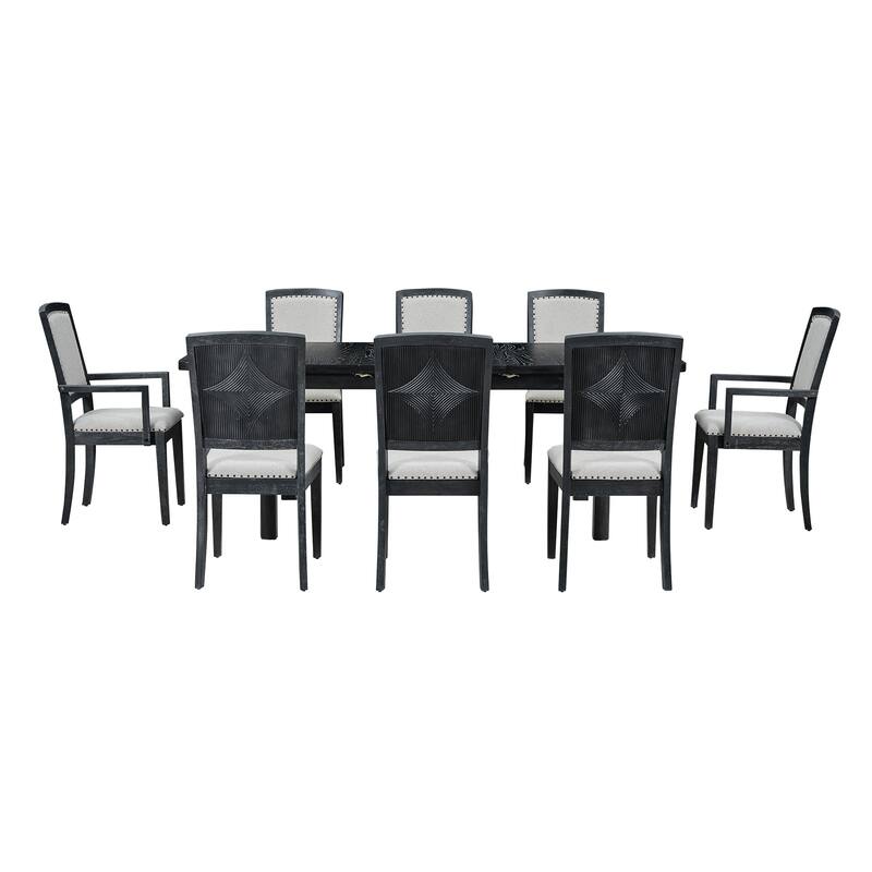 9 Pieces Extendable 84 inch Dining Table Set, 6 Upholstered Armless Dining Chairs and 2 Padded Arm Chairs