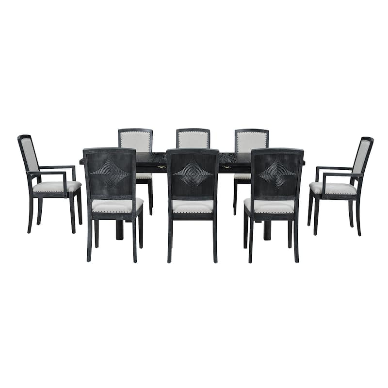 Roomfitters Rustic Extendable 9-Piece Dining Table Set with 24" Leaf, Upholstered Armless and Padded Arm Chairs