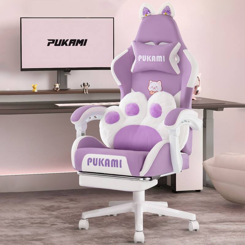 BOSSIN Gaming Chair with Cat Ears and Cat Paw Cushion Pillow,Cute Kawaii Reclining Computer Chair for Girl with Footrest - Purple