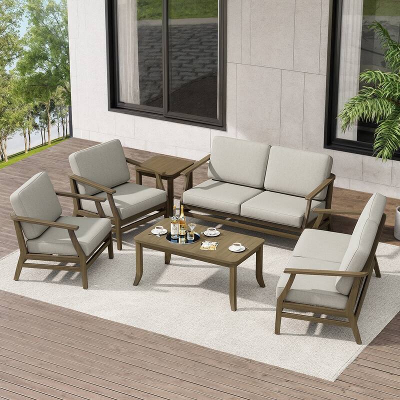 Teak Outdoor Patio Conversation Set with Cushions and Tables (6-Piece)