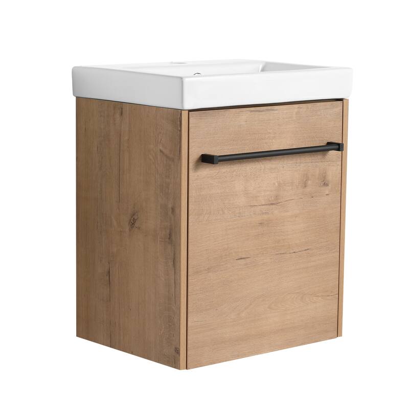 18'' Wall-Mounted Bathroom Vanity with Ceramic Sink, Soft-Close Door, and Storage for Small Spaces