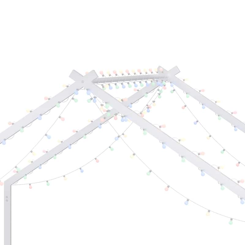 House-shaped Bed Frame, Toddler Kid Iron Floor Bed with House Roof Frame and LED Light Strips, House Daybed