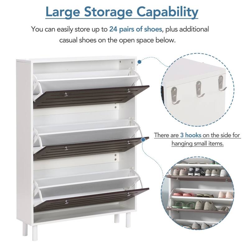 31.5 in.W Shoe Cabinet with 3 Flip Drawers and Adjustable Panel - 3-Tier