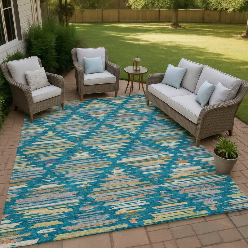 Machine Washable Indoor/ Outdoor Modern Trellis Chantille Rug - Teal - 3' x 5'