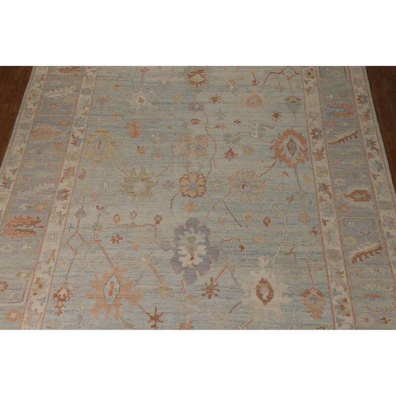 Blue Vegetable Dye Oushak Turkish Rug Hand-Knotted Floral Wool Carpet - 9'2"x 12'3"