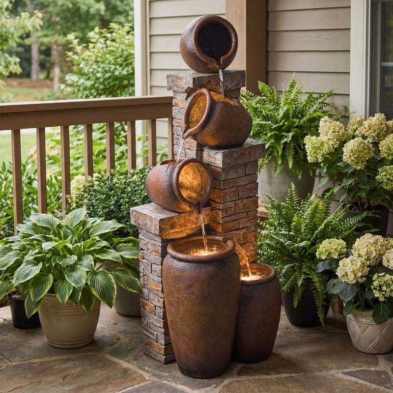 44.09" Glazed Terracotta Pots Polyresin Cascade Water Fountain Weather Resistant