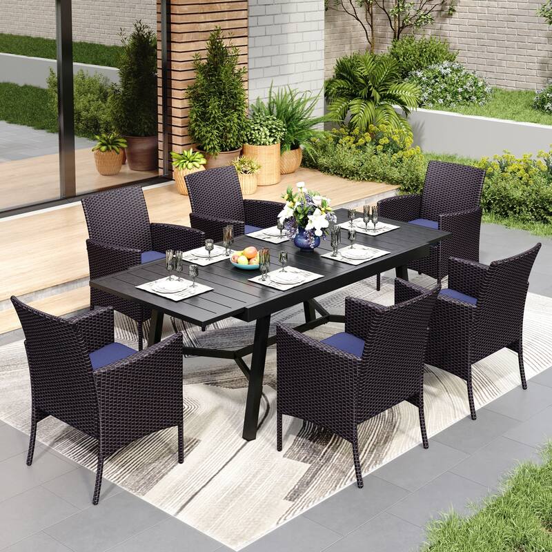 MAISON ARTS 7/9-piece Patio Dining Set, Expendable Rectangular Outdoor Dining Table with Rattan Chairs