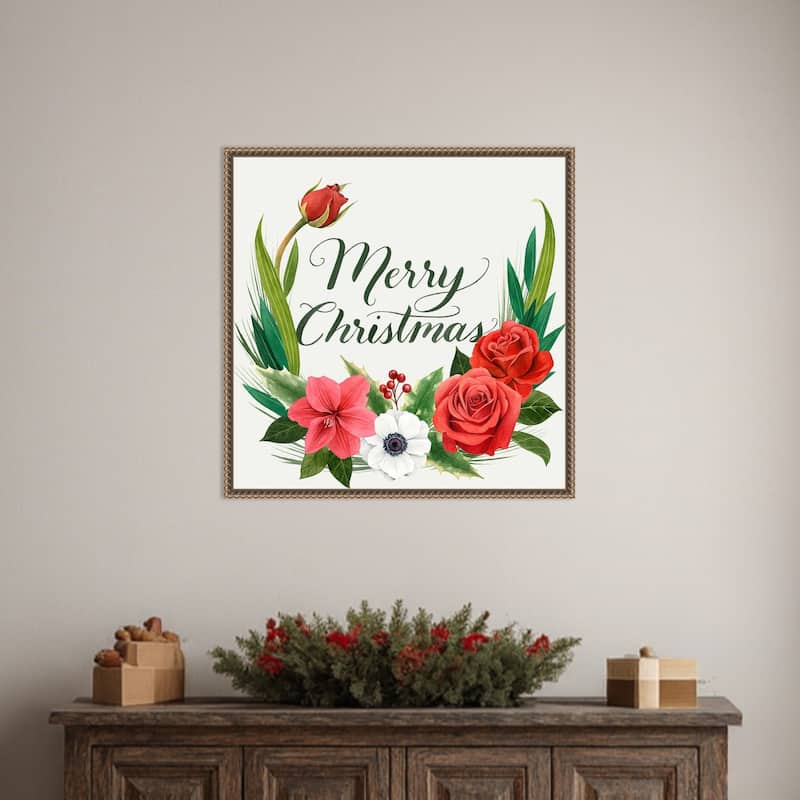 Christmas Flora Wreath I by Grace Popp (22 x 22 in.), Framed Canvas Wall Art Print - Sylvie Beaded Dark Gold