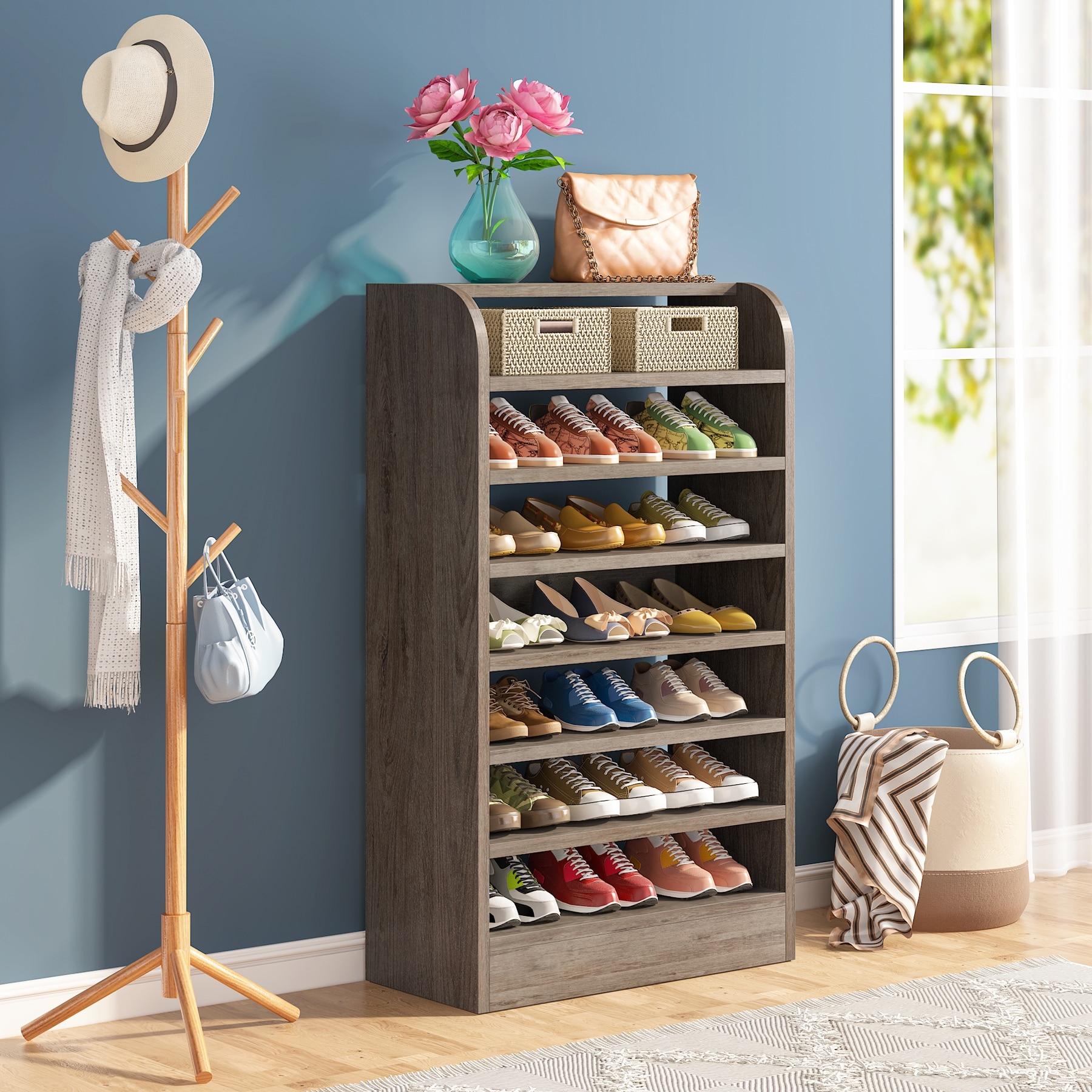 Shoe Cabinet for Entryway, 8-Tier Tall Shoe Shelf Shoes Rack Organizer, Wooden Shoe Storage Cabinet for Hallway, Closet