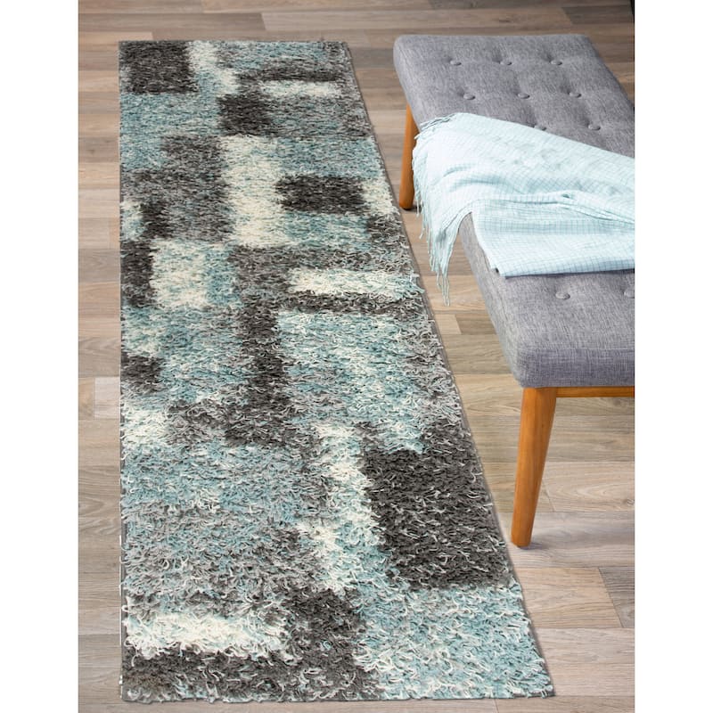 World Rug Gallery Distressed Modern Boxes Plush Shag Area Rug - 2'x7' Runner - Blue