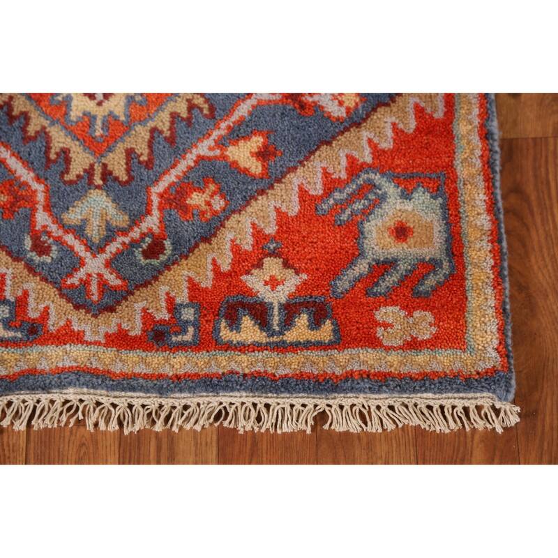 Blue Geometric Heriz Serapi Indian Runner Rug Hand-Knotted Wool Carpet - 2'4" x 7'11"